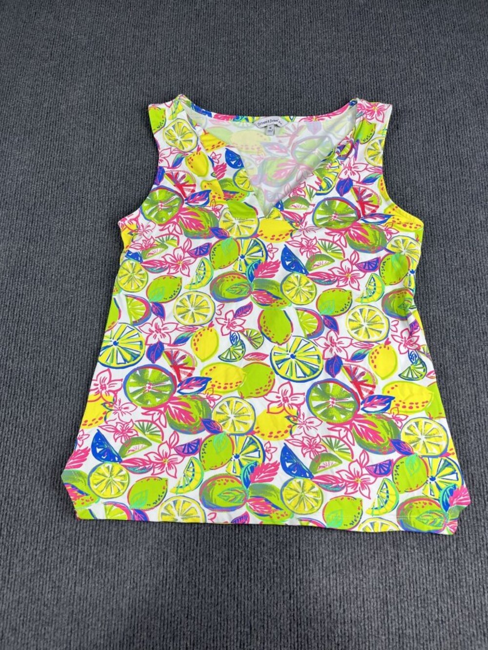 Sunsets & Sweet Tea Womens Lemon Floral Print V-Neck Sleeveless Tank Top M